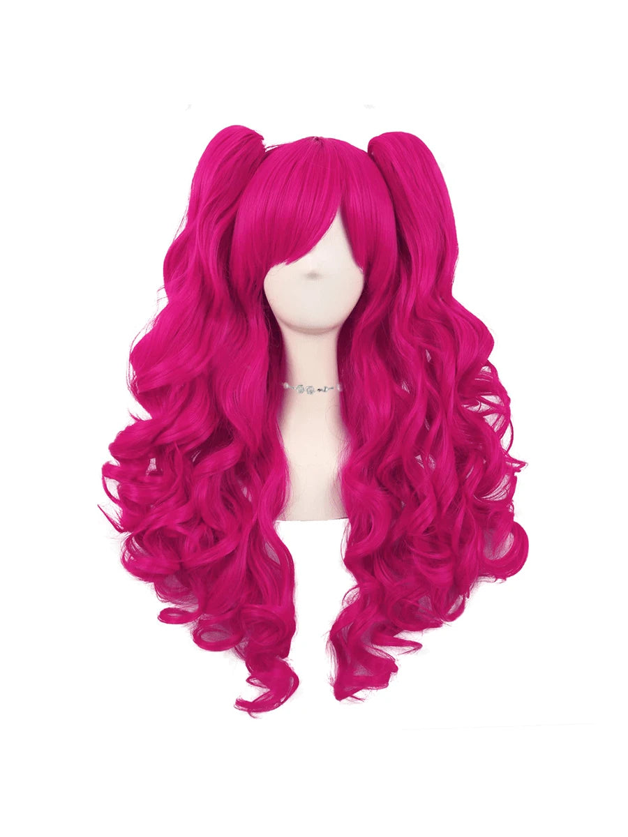 28-Inch Hot Pink Curly Cosplay Wig with Ponytails – product image 1 of 9