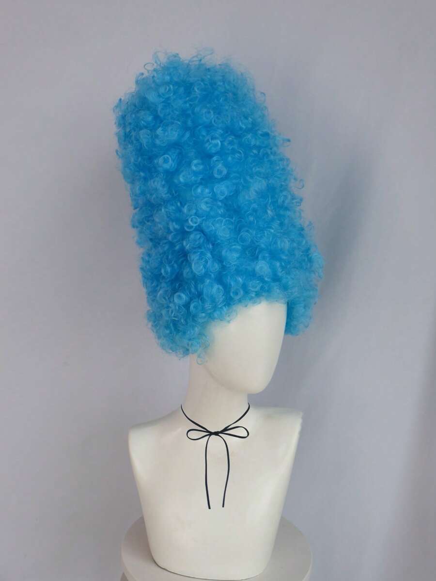 14 Inch Blue Curly High Hat Style Cosplay Wig, Unisex Funny Character Wig, For Halloween Party Costume School Carnival Concerts Vacation Photography And Themed Events