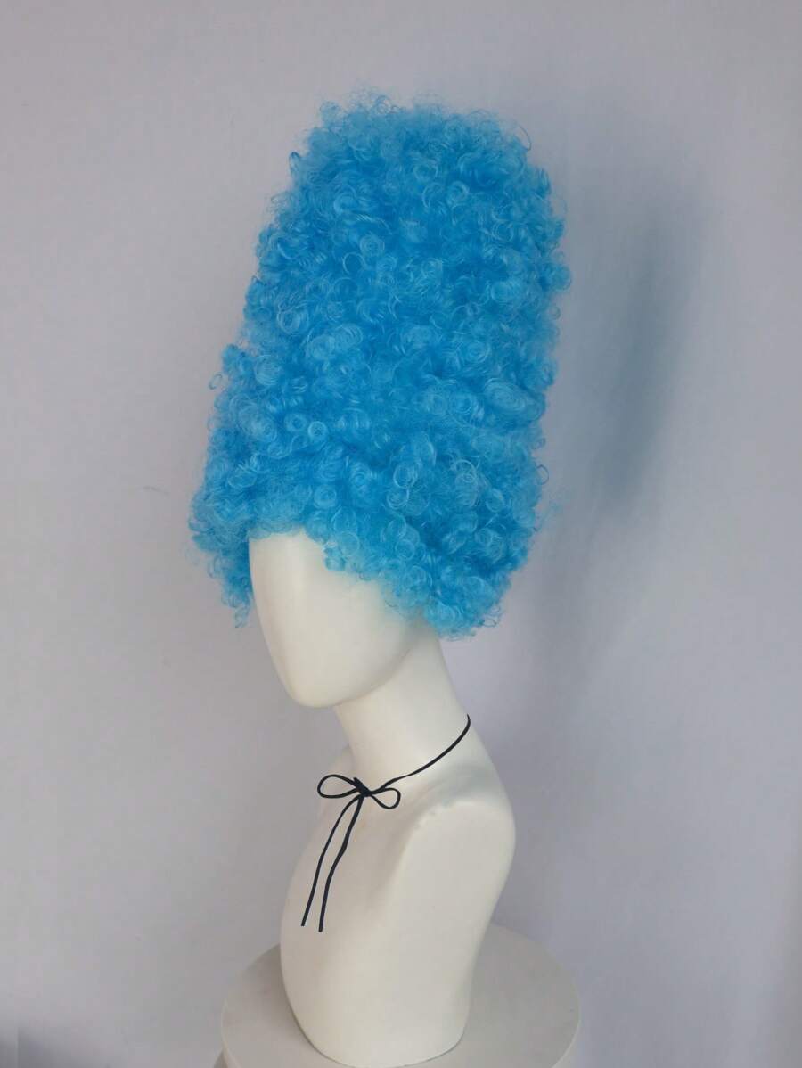 14 Inch Blue Curly High Hat Style Cosplay Wig, Unisex Funny Character Wig, For Halloween Party Costume School Carnival Concerts Vacation Photography And Themed Events