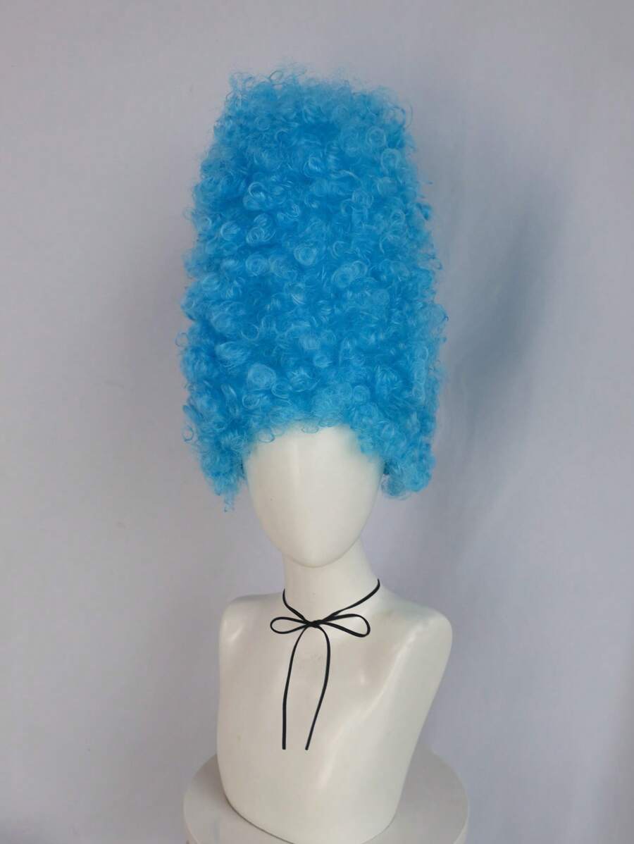 14 Inch Blue Curly High Hat Style Cosplay Wig, Unisex Funny Character Wig, For Halloween Party Costume School Carnival Concerts Vacation Photography And Themed Events