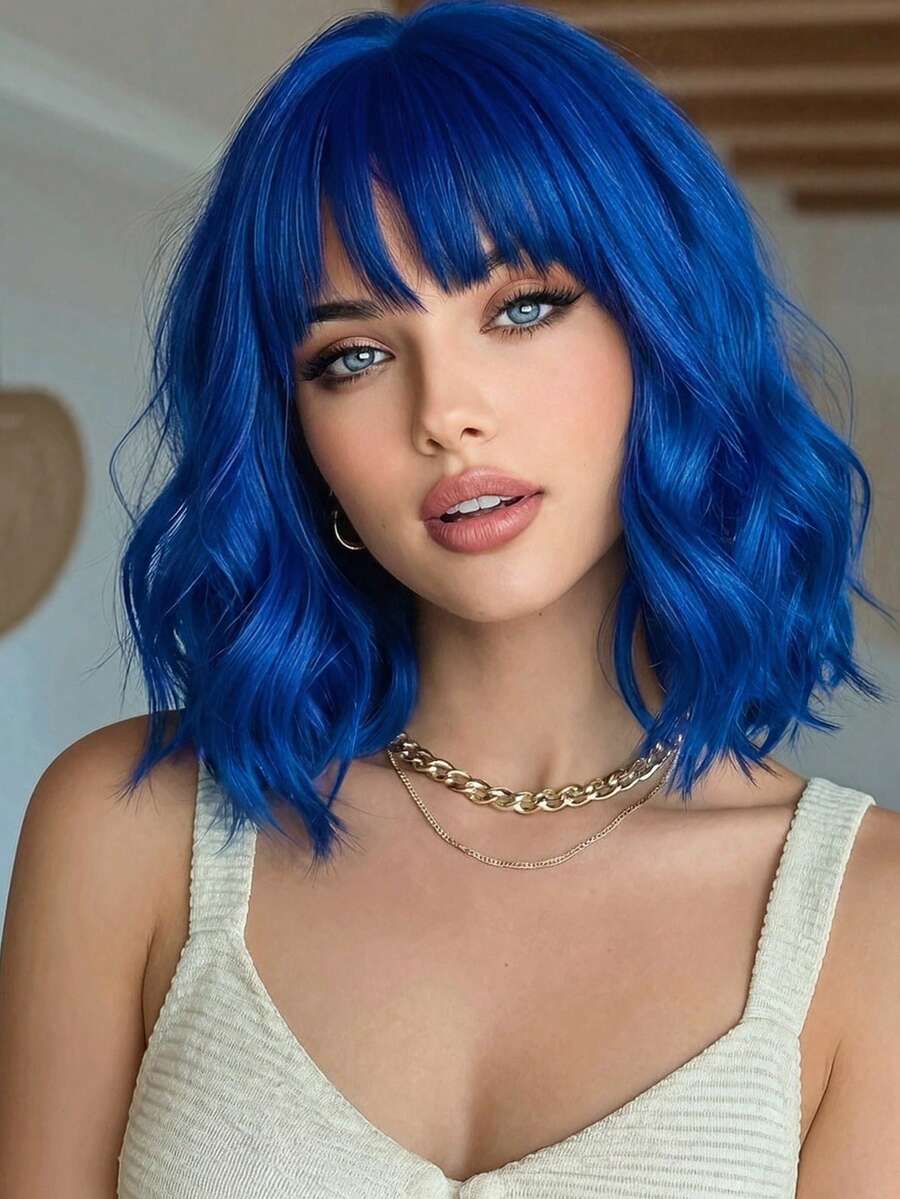 Gradient Blue Curly Synthetic Wig with Bangs – product image 1 of 11