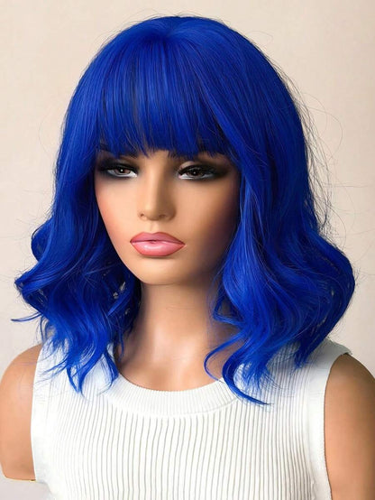 16 Inch Ladies Gradient Blue Bangs Short Curly Hair Synthetic Wig Ladies Wig For Daily Or Cosplay Use