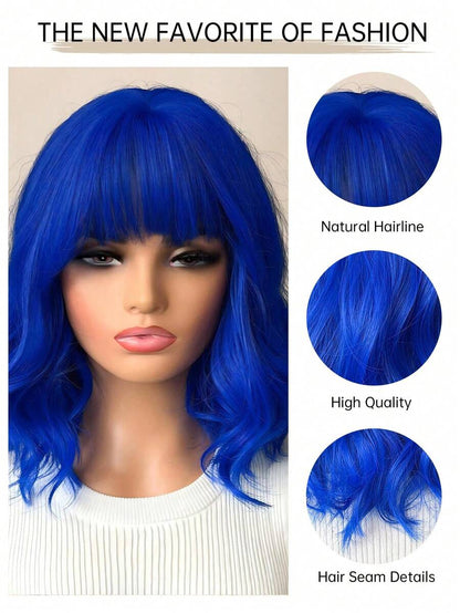 16 Inch Ladies Gradient Blue Bangs Short Curly Hair Synthetic Wig Ladies Wig For Daily Or Cosplay Use